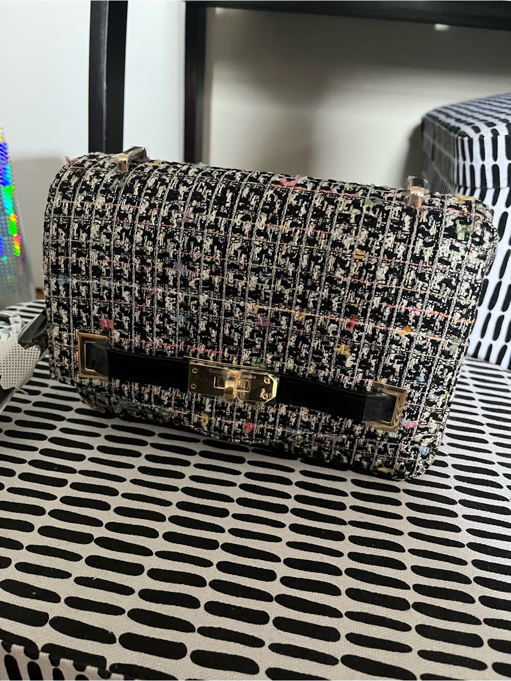 NWT Samantha Thavasa Black Tweed Chain Shoulder Bag with Gold Hardware